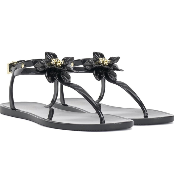 New Vince Camuto Black Gold Jelly Flower Adjustable Thong Flip Flop Sandal 10 M - Picture 2 of 13
